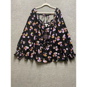 Ava & Viv Women's Top Size 4X  Black Purple Floral Print Long Sleeve Plus New